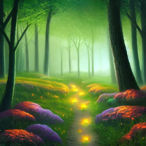 Prompt: fireflies in a forest inspired by Evgeny Lushpin,flower meadow,spring,cinematic,trending on ArtStation