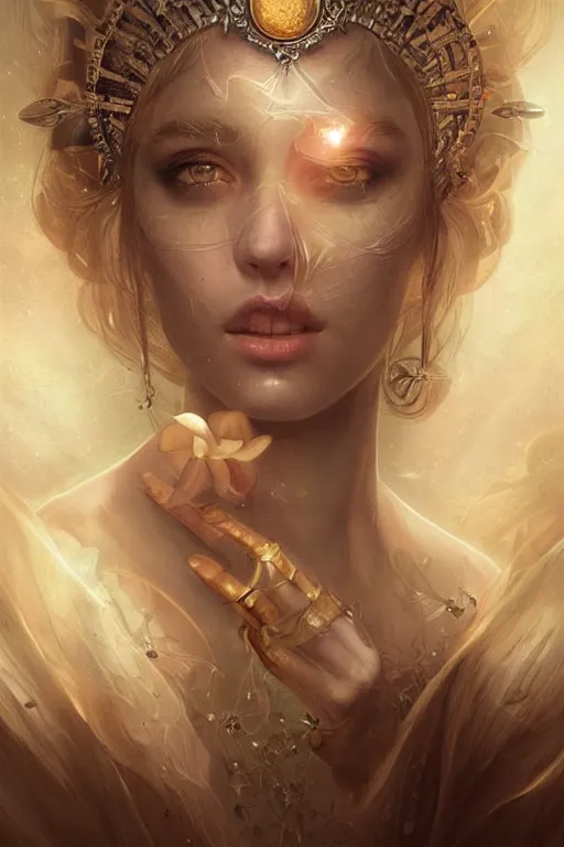 Image similar to a subtle lighting photo of an ancient powerful psychic queen, light colors, bright, sunbeams, eloquent, fancy, lovely, beautiful lighting, golden ratio, artgerm, tom bagshaw, gerald brom, detailed, small details, intricate,