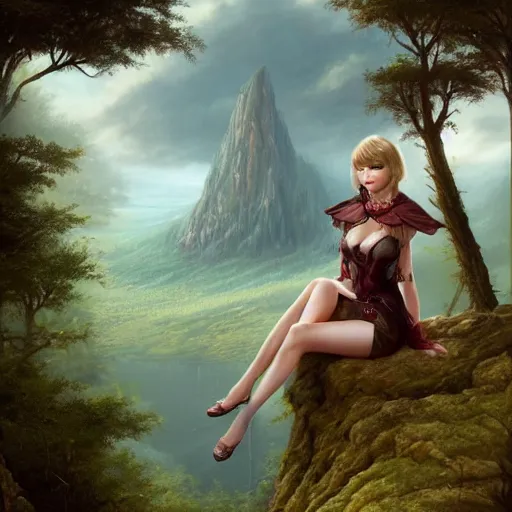 Prompt: alluring illustration taylor swift, sitting on the edge of a cliff overlooking a forested valley, clothed in a chesty fantasy outfit, portrait, 8k resolution matte fantasy painting, cinematic lighting, DeviantArt, Artstation, Jason Felix Steve Argyle Tyler Jacobson Peter Mohrbacher