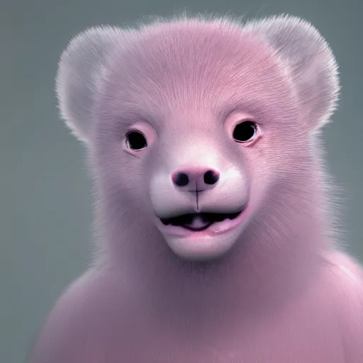 Image similar to white mink with nimbus of pink bacteria around the neck, unreal engine, starring at camera, matte background, high symmetry, 8k