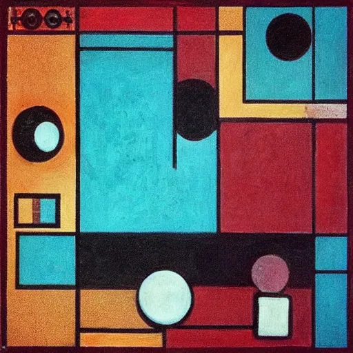 Image similar to “Coraline movie ‘other mother’ art noir, art deco, horror tones, 1950’s, solid coloured shapes, geometric, only form, no details, artists: Peit Mondrian and Jackson Pollock teal palette, ”