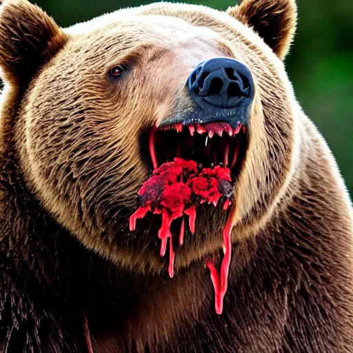 Prompt: nature photography photo of a bear with blood dripping from mouth, —w 512 —h 768