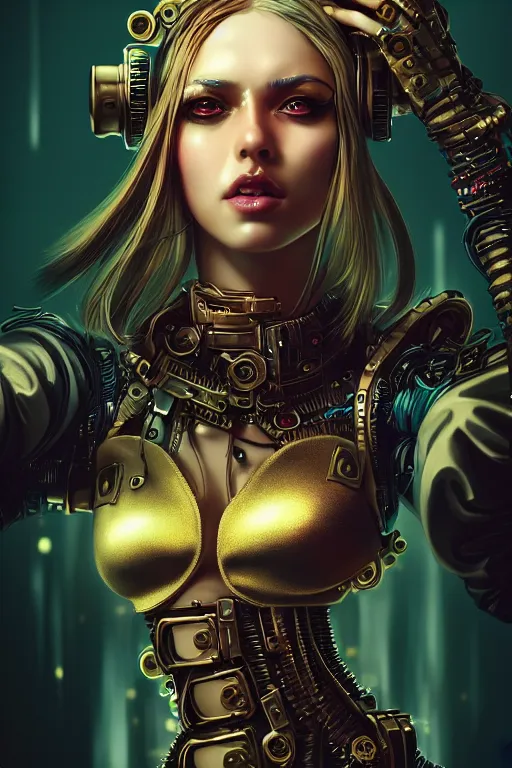Image similar to soft lustrous seductive raver gutter punk steampunk cyborg, golden ratio, details, scifi, fantasy, cyberpunk, intricate, decadent, highly detailed, digital painting, octane render, artstation, concept art, smooth, sharp focus, illustration, art by artgerm, loish, wlop