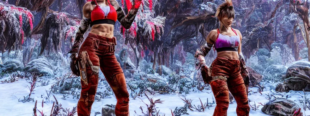 Image similar to athletic muscular explorer woman walking in animal fur armour, crop top midriff, walking in a dense alien snow covered frosty jungle, with snow covered colourful red, blue and purple plants, large vines, snow covered arched organic rock structures, in the style of monster hunter world, like concept art on artstation, hyperdetailed, vray render, octane render,