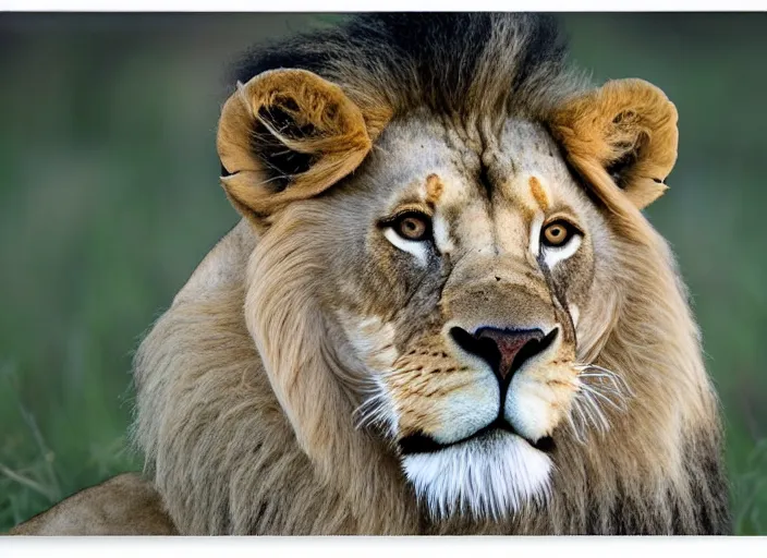 Image similar to a closeup, 4 5 mm, detailed photograph of real lion head dwarf in savana, beautiful low light, savana background, 4 5 mm, by franz lanting