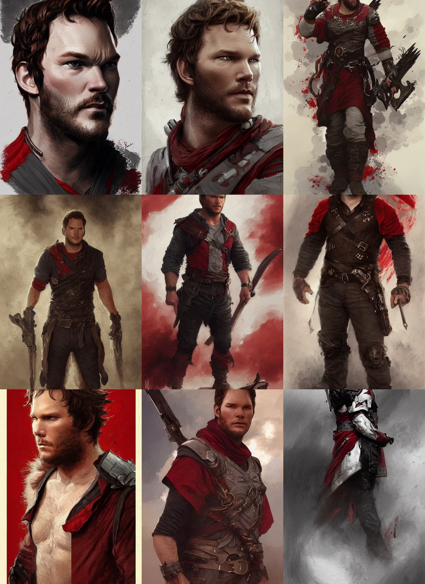 Prompt: chris pratt ancient corsican, black red white clothes, long beard, intricate, highly detailed, artstation, sharp focus, illustration, jurgens, aleksi briclot, rutkowski, bouguereau, mucha