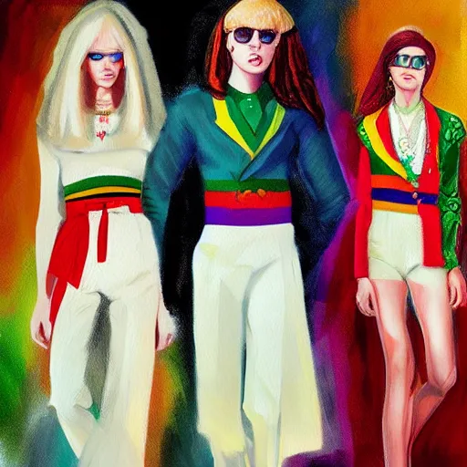 Image similar to 1970 lgbt fashion, gucci catwalk, oil painting, digital art, ultradetailed, artstation