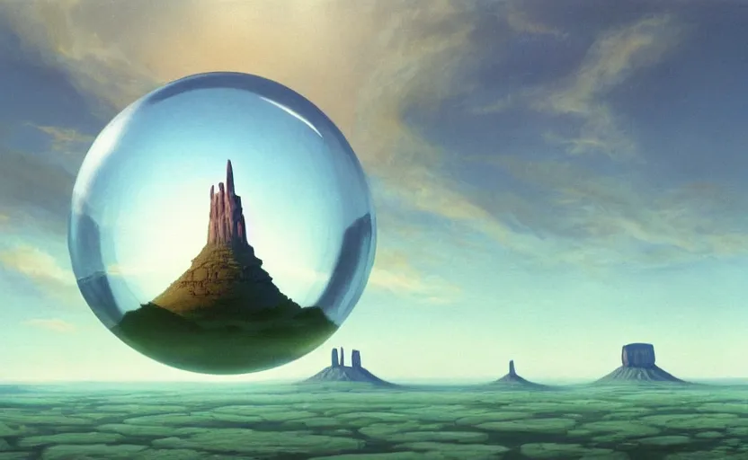 Image similar to a scary hyperrealist painting of a rocketship in a giant transparent forcefield crystal ball from howl's moving castle ( 2 0 0 4 ) in a flooded monument valley stonehenge jungle. depth perception, 4 k, artstation, in the style of studio ghibli