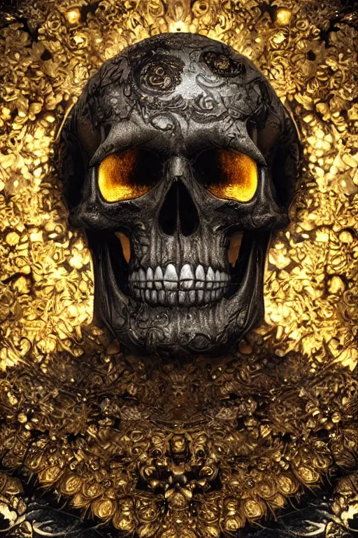 Prompt: skull accented with small gold leaf flakes, close - up portrait, powerful, intricate, elegant, volumetric lighting, digital painting, highly detailed, artstation, sharp focus, illustration, concept art, detailed black ink pen,