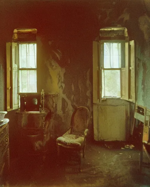 Prompt: the interior of an old house in devonshire that is probably haunted, delicate embellishments, painterly, offset printing technique, photographed on kodachrome by brom, robert henri, walter popp, cinematic lighting, various refining methods, micro macro autofocus, ultra definition, award winning photo