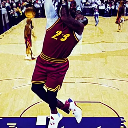 Prompt: baby lebron james dunking in the nba