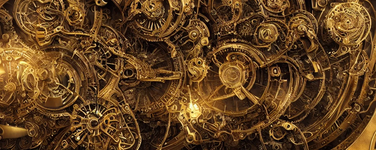 Prompt: dynamic composition, intricate layered golden clockwork machine with cogs!!!!!!, steam punk, extremely detailed, steampunk, art deco!, ornate gilded cosmic machine, in the style of simon lee and jama jurabaev, engraved, artgerm, wlop, featured on cgsociety, unreal engine, 8 k render, octane, raytracing