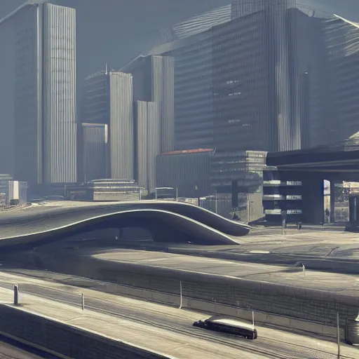 Prompt: a dystopia soviet brutalist city background for grand theft auto 5 loading screen, very detailed, high quality photo, designed by zaha hadid, sculped by Norman foster