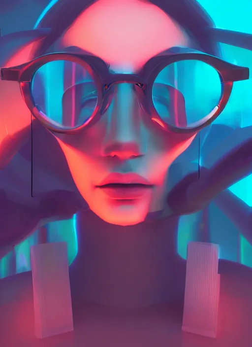 Prompt: a woman with a pair of futuristic glasses on her head, cyberpunk art by beeple, trending on cgsociety, cubo - futurism, darksynth, dystopian art, 8 k 3 d