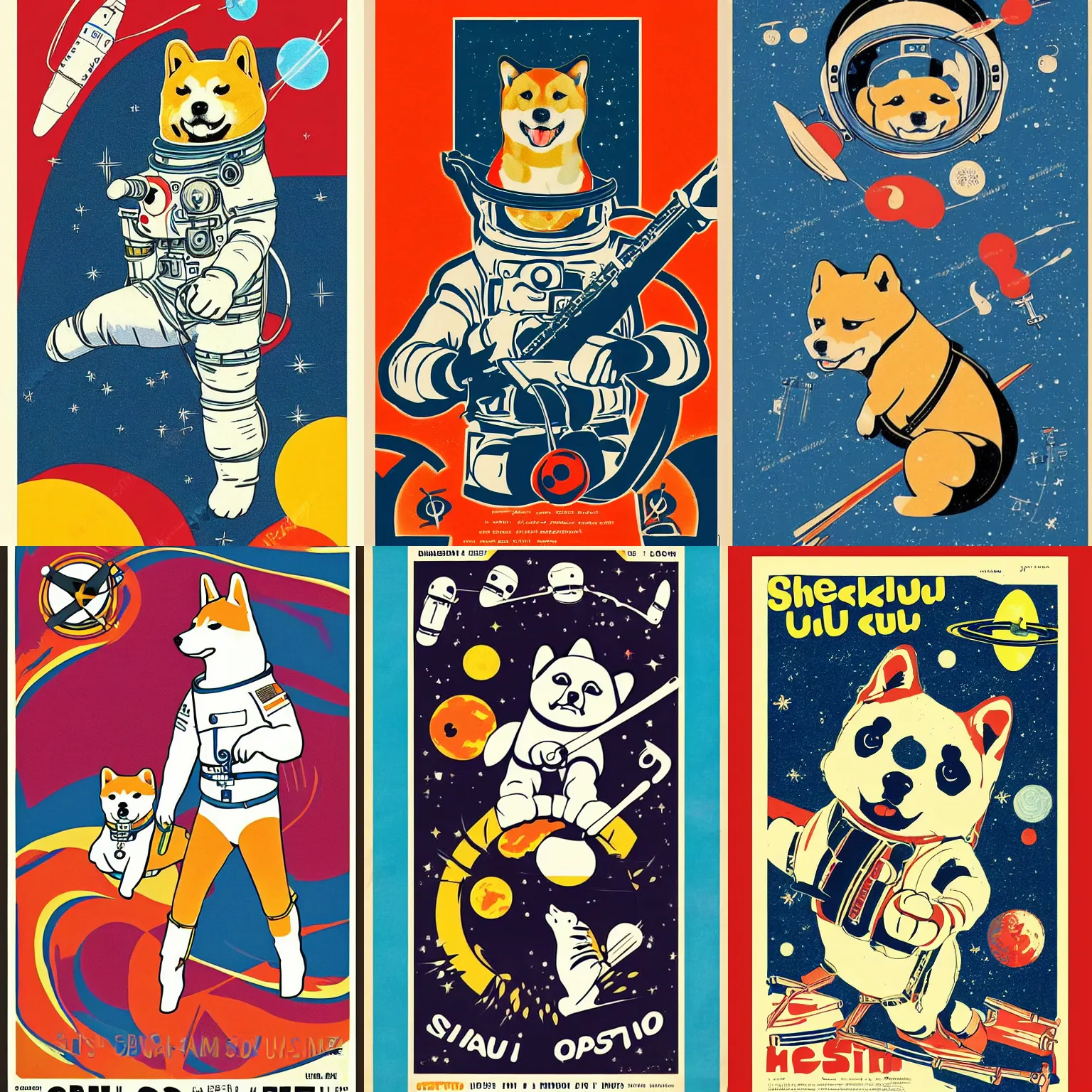 Image similar to Shiba Inu cosmonaut, 60s poster, in the style of a music poster 1968