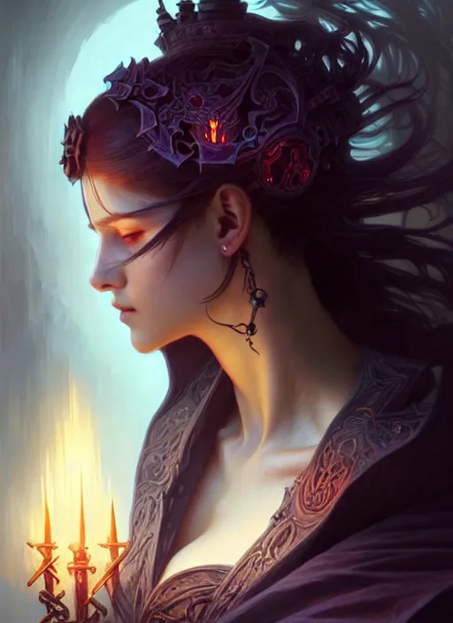 Image similar to Necromancer Sorceress, fantasy magic, undercut hairstyle, dark light night, intricate, elegant, sharp focus, illustration, highly detailed, digital painting, concept art, matte, art by WLOP and Artgerm and Greg Rutkowski and Alphonse Mucha, masterpiece