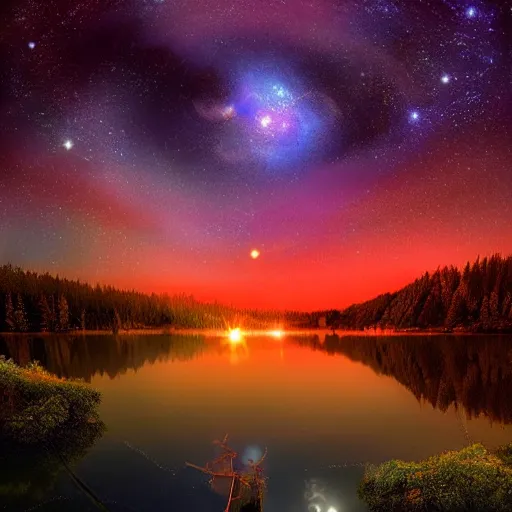 Image similar to lake that is reflecting the cosmos at night with countless stars, superior quality, intricate quality, viscous liquid, surreal, highly detailed, real camera, real photo, award winning quality, 8 k, art by artstation