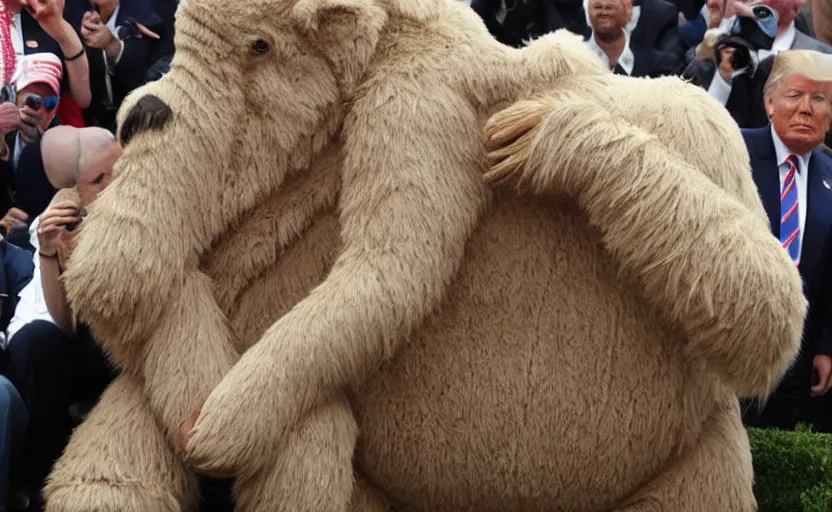 Image similar to Donald Trump in a baby mammoth costume , with an open face