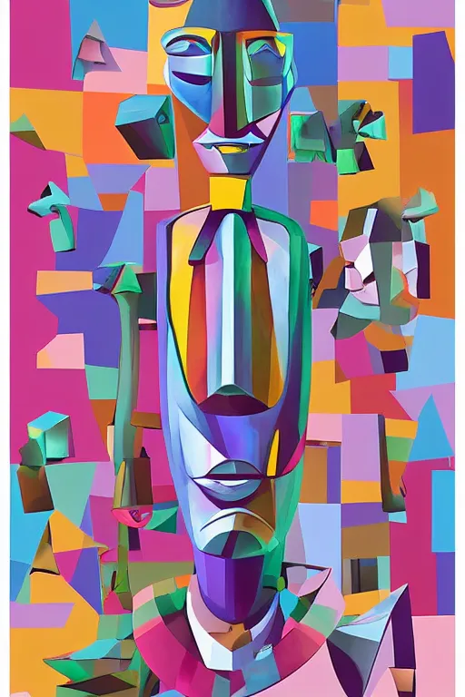 Image similar to cubist moai statue cutout digital illustration cartoon colorful beeple