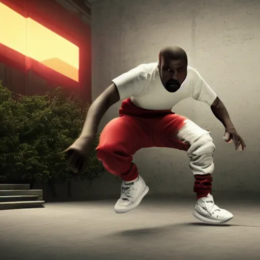 Prompt: Kanye West skateboarding, blender, octane render, 8k, trending on artstation,
