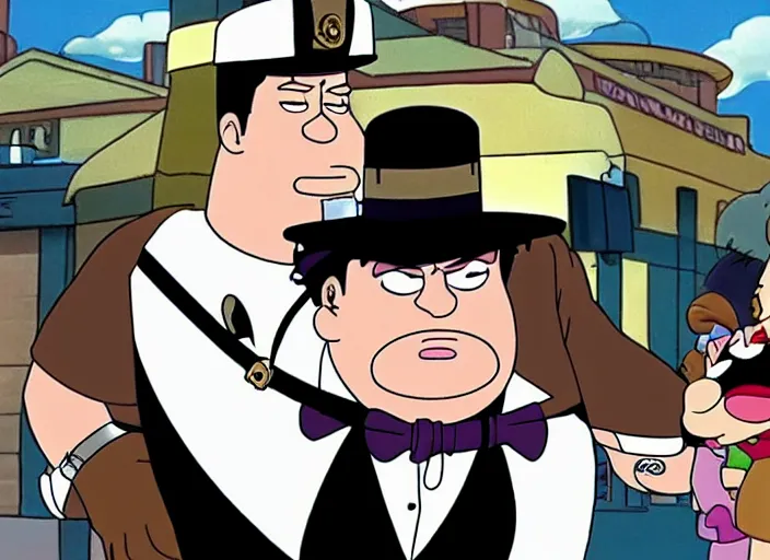 Prompt: jotaro kujo in family guy ( 1 9 9 9 ), cartoon still, clean colors, clean lineart