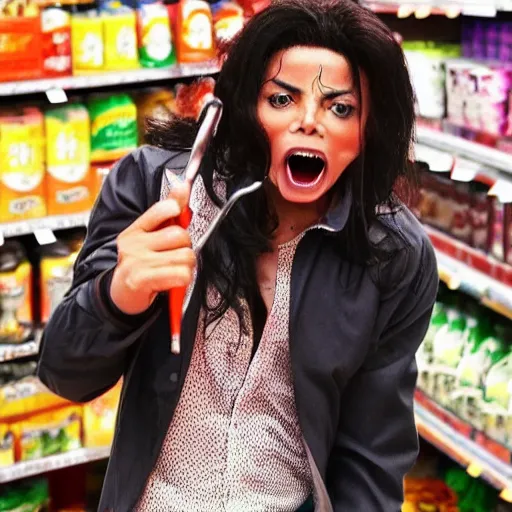 Image similar to micheal jackson giant mouth screaming yelling in supermarket