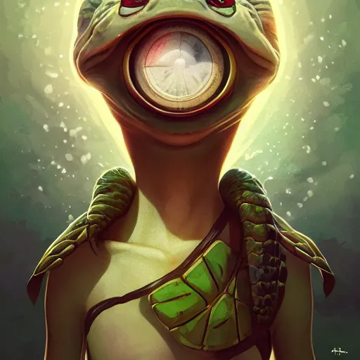 Image similar to portrait of an excited turtle, ghibli, cartoon, anime, hdr, artstation, sharp, focus, illustration, anna dittmann, ilya kuvshinov, nikolay makovsky