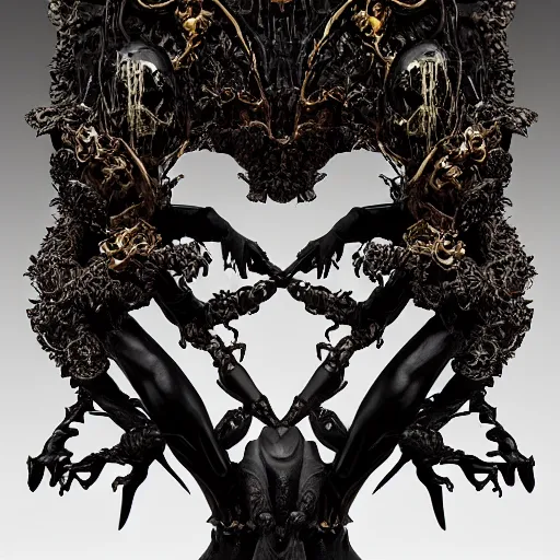 Image similar to garden of bone, dark priest, carved latex armour transparent black veil, hell, dark gold accents, frontal, black rococo, sculpted by tsutomu nihei, emil melmoth, zdzislaw belsinki, craig mullins, yoji shinkawa, artstation, beautifully lit, peter mohrbacher, zaha hadid, hyper detailed, insane details