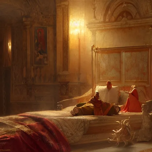 Prompt: the pope is in his bed, scared, because a horned demon is attacking the pope. highly detailed painting by gaston bussiere, greg rutkowski, craig mullins 8 k