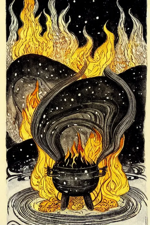 Image similar to a black witch's cauldron over a burning fire against a snowy night, detailed art by kay nielsen and walter crane, illustration style, watercolor