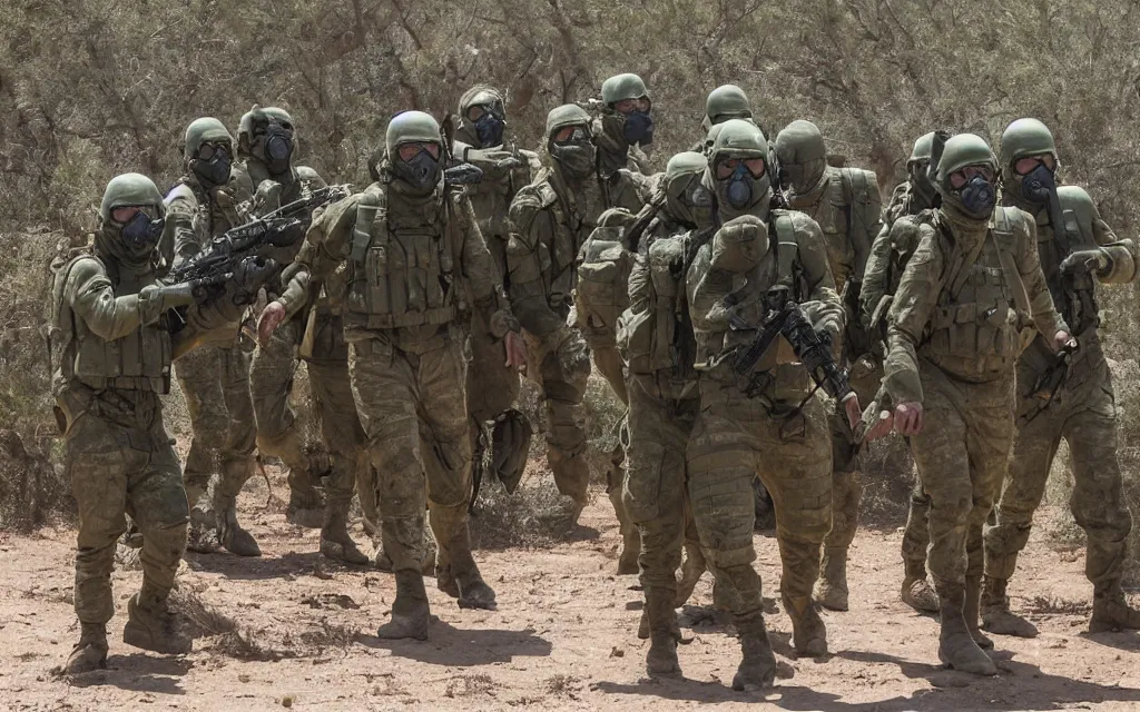 Prompt: a group of five soldiers in dark green tactical gear and gas masks on a rescue mission like the film stargate walk through a sandy desert with distant red mesas ahead of them. They've found a dead body. dusty. 200mm lens, mid day, heat shimmering.