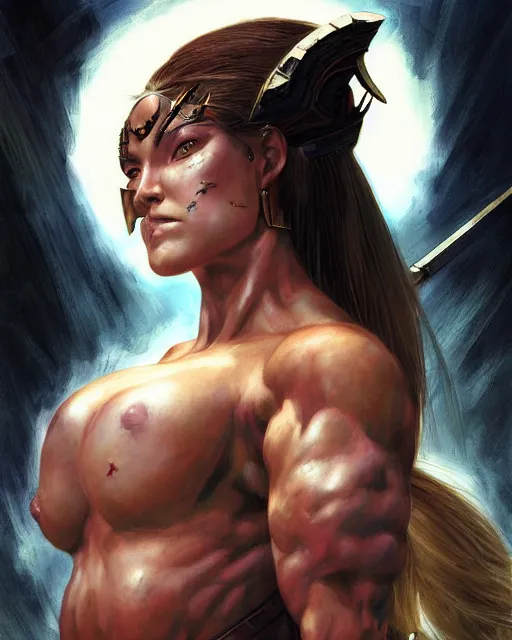 Image similar to a portrait of a muscular female warrior by Ross Tran and Thomas Cole and Wayne Barlowe