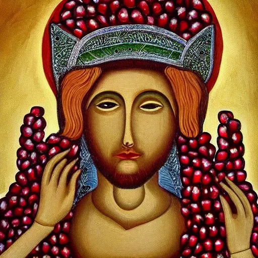 Prompt: Pomegranate god, painting, godly, beautiful, immense, stunning, blessed