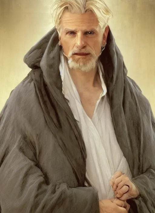 Prompt: a man aged 4 0 with blonde hair and hazel eyes and a friendly expression. he is clean shaven and wearing a grey cloak. head and shoulders portrait painting by artgerm and greg rutkowski and alphonse mucha.