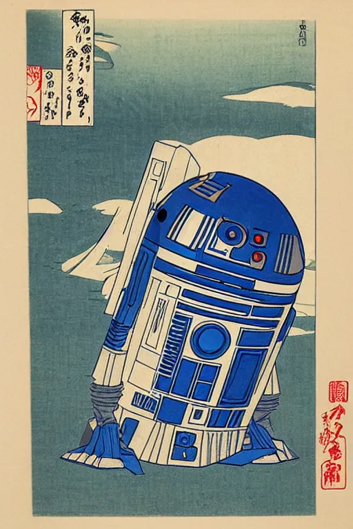 Image similar to Japanese woodblock print of r2d2, hokusai