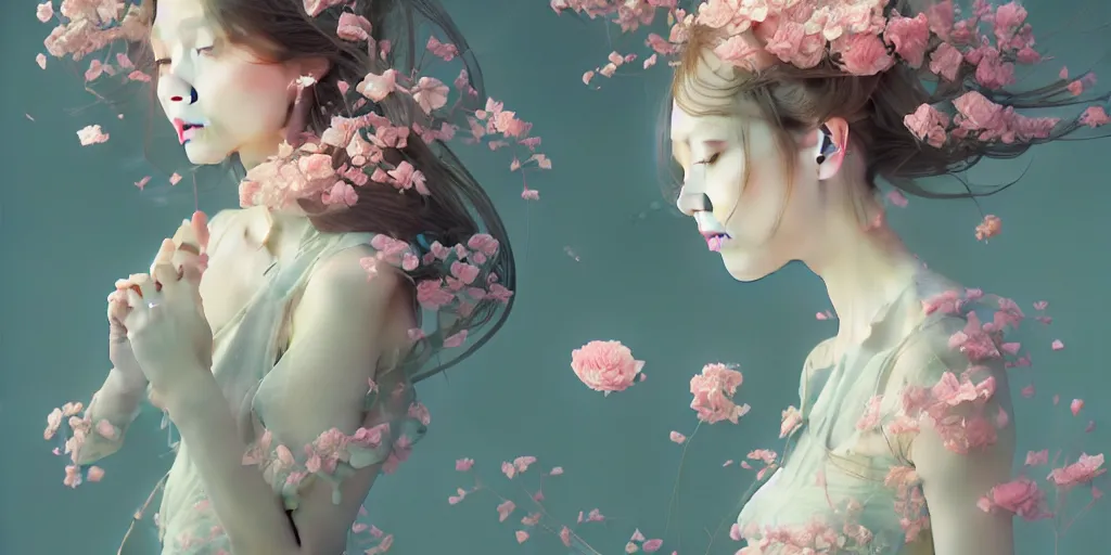 Image similar to breathtaking delicate many detailed concept art with flowers and girls, by hsiao - ron cheng, bizarre compositions, exquisite detail, pastel colors, 8 k