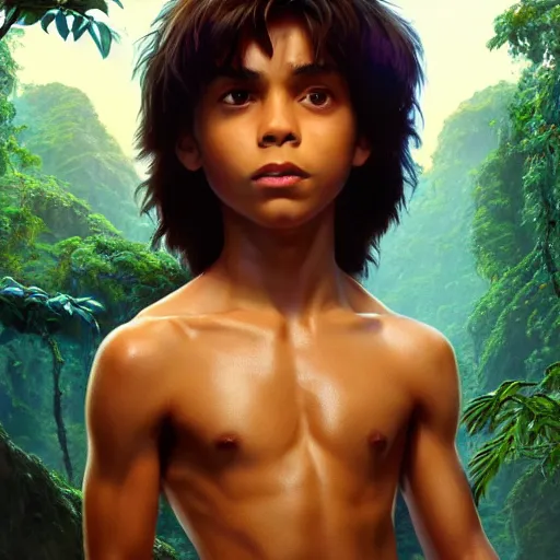 Image similar to skinny young jake t. austin as mowgli from the jungle book, dynamic lighting, path traced, atmospheric, highly detailed, high quality, beautiful painting, octane render, don bluth, ross tran, studio ghibli, alphonse mucha, jama jurabaev, extremely detailed, brush strokes, artstation, artgerm