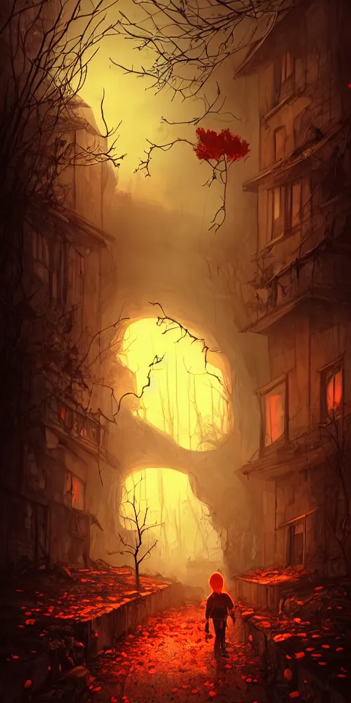 Image similar to abandoned apocalyptic old alley filled with monsters with a kid at the centre, trees and stars background, falling petals, epic red - orange sunlight, perfect lightning, illustration by niko delort,