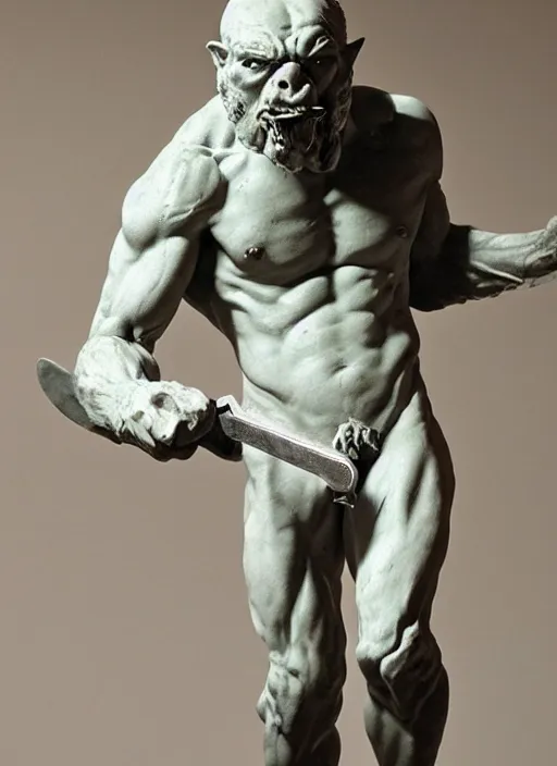 Prompt: a full figure rough marble sculpture of Giant Orc holding a sword by Rodin and Bernini