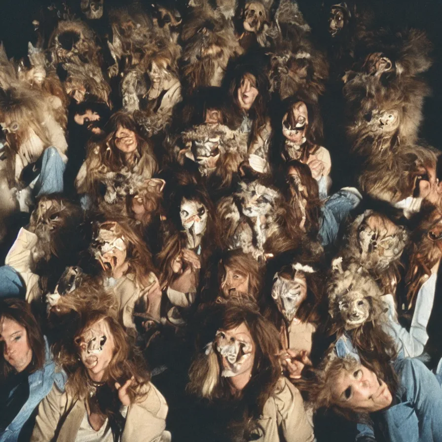 Image similar to 7 0 s movie still of cult members with taxidermic moth masks in a spiral tunnel, cinestill 8 0 0 t 3 5 mm, heavy grain, high quality, high detail