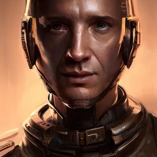 Image similar to Portrait of a man by Greg Rutkowski, he is about 40 years old, short copper hair, attractive, military composure, younger brother vibes, expression of sorrow and disbelief, he is wearing futuristic space tactical suit, highly detailed portrait, digital painting, artstation, concept art, smooth, sharp foccus ilustration, Artstation HQ.