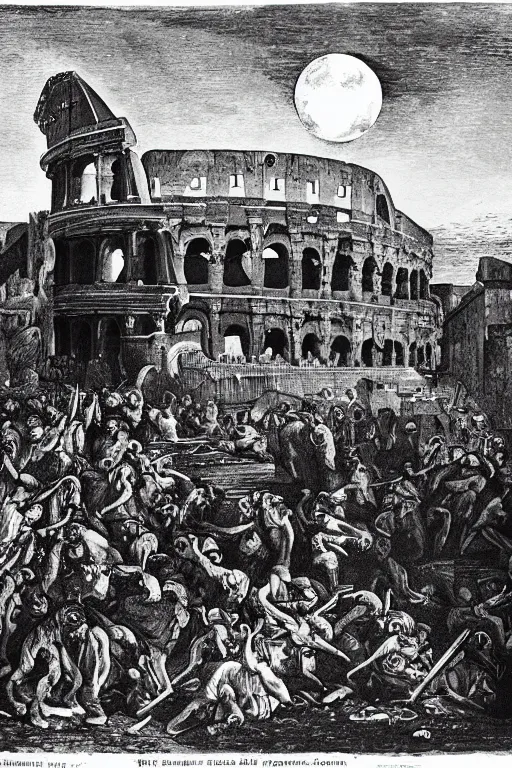 Prompt: citizens of rome riot in front of the colosseum, throwing spaghetti and meatballs, chianti molotov cocktails, under a full moon, macaroni art