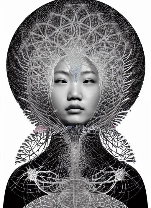 Prompt: ridiculously beautiful young asian woman tripping, caduceus fractals radiating from head with sacred geometry, cosmic, natural, awakening, symmetrical, in the style of ernst haeckel, effervescent, warm, photo realistic, epic and cinematic