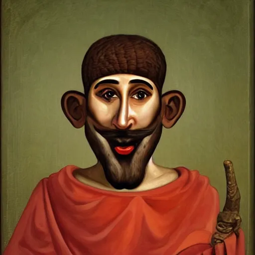 Prompt: portrait of ancient silly greek man with big eyes, sharp nose, and big open mouth. fine detail. artistic painting by lurid