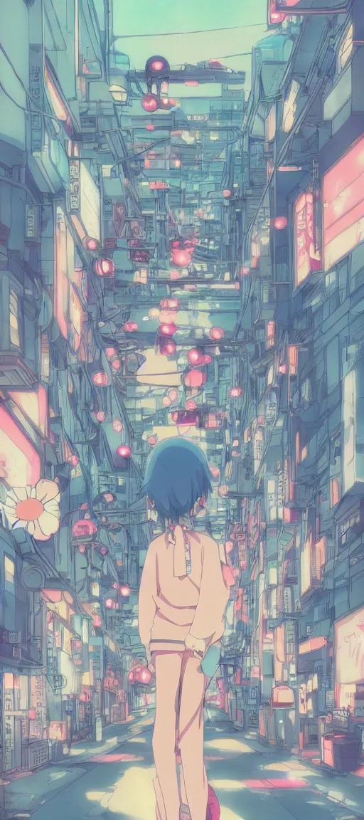 Image similar to beautiful anime! style vaporware tokyo japan, kawaii anime manga style, illustration, aesthetic, muted color disposition, minimalistic, simple art, neon pastel, hayao miyazaki