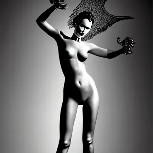 Prompt: supermodel jennifer lawrence as the bride of frankenstein, hajime sorayama, relistic, fashion pohotography