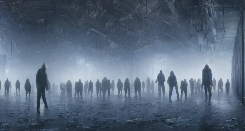 Image similar to illustration of rows of humans in cryostasis in a cold warehouse, refrigerated storage facility, rolling fog, greg rutkowski, cyberpunk, dramatic lighting, unreal engine 5, colorful