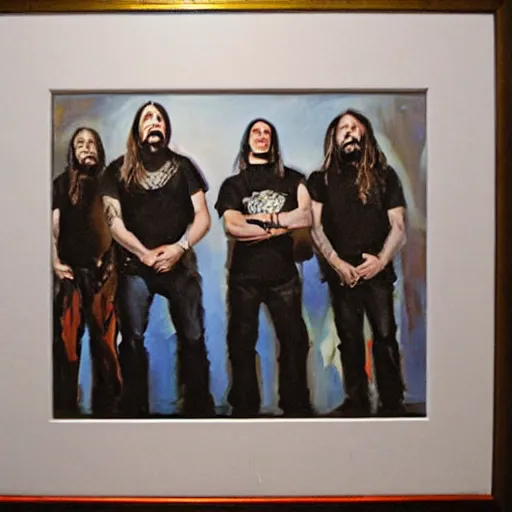 Image similar to greg manchess painting of an metal band photo, direct flash photography at night, film grain