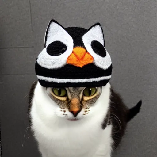 Image similar to a cat with a penguin hat