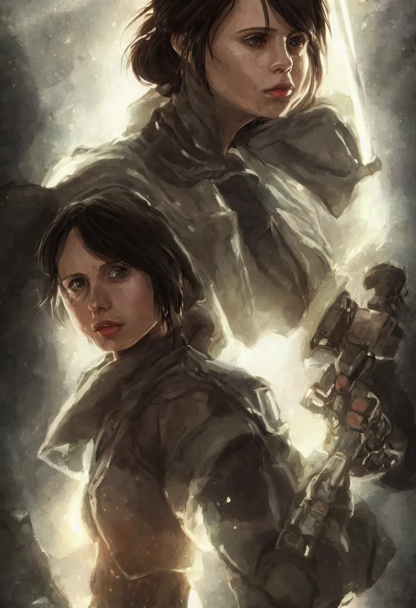 Prompt: portrait of jyn erso with ripped uniform in a glowing cave holding a sparking sword, portrait, profile posing, perfect anatomy, hyper photorealistic, digital photography, artstation, concept art